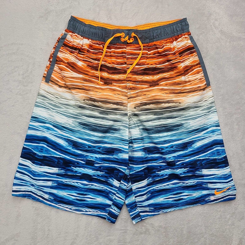 Nike Shorts Mens Large Blue White Orange Swim 11" Inseam Lined Drawstring
